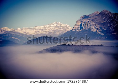 Aerial view of a foggy valley in the Pyrenees