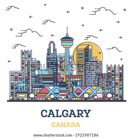Outline Calgary Canada City Skyline with Colored Modern Buildings Isolated on White. Vector Illustration. Calgary Cityscape with Landmarks. 
