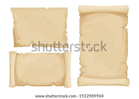 Set parchment, scroll papyrus, antique paper blank in cartoon style isolated on white background. Fairy, fantasy element, ui assets. Textured, detailed empty manuscript. Royalty-Free Stock Photo #1922989904