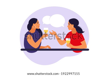 Friendly meeting women concept. Cheerful women sitting at table, talking, laughing, drinking wine. Vector illustration. Flat.