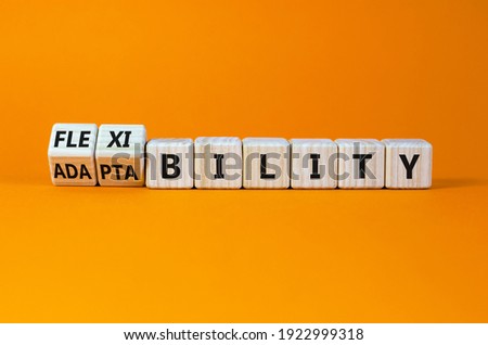Flexibility and adaptability symbol. Turned wooden cubes and changed words 'adaptability' to 'flexibility'. Beautiful orange background, copy space. Business, flexibility and adaptability concept. Royalty-Free Stock Photo #1922999318