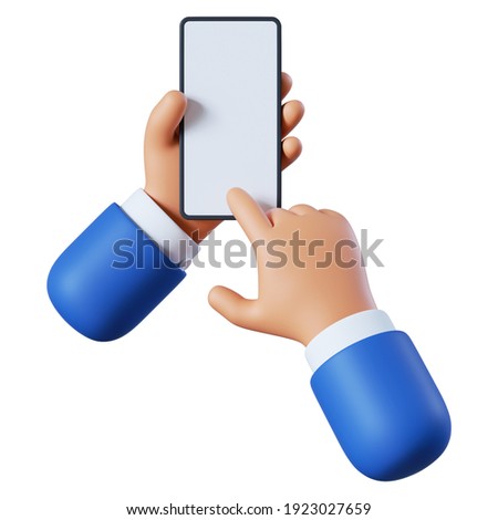 3d render. Hands hold blank smart phone icon. Cartoon character with mobile device. Business clip art isolated on white background