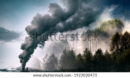 factory smoke covering green forest double exposure global warming climate change Royalty-Free Stock Photo #1923030473