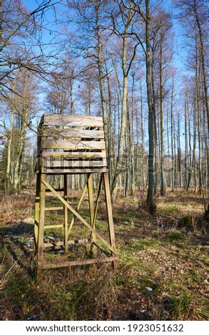 Picture of an open top hunting blind in forest.