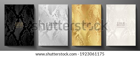 Modern abstract cover design set. Luxury black, gold, silver background with animal print (snake skin pattern). Premium vector collection for brochure, notebook template, menu