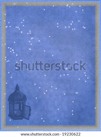 Christmas background with stars and a small lamp on a leaf of an old post paper