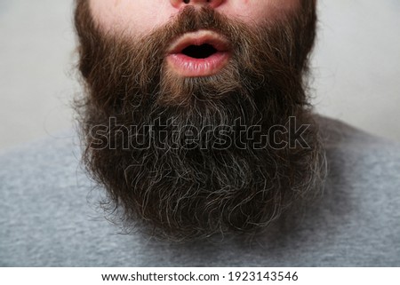 Portrait. The open mouth of a bearded man. Bearded man wonder, close-up. A man's lips. Thick, long beard close up.