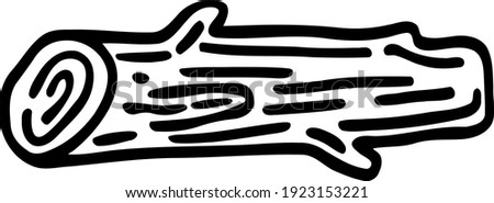 Old gnarled log lies. Forest vector illustration. Hand-drawn black and white doodle. Clipart in cartoon style of construction and camping themes. 