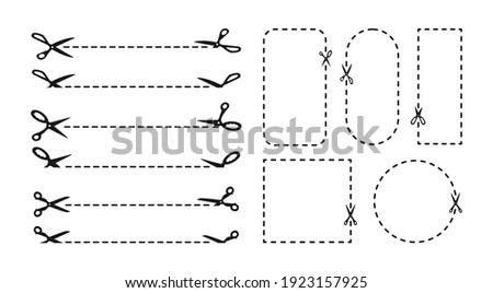 Cutting scissors black silhouette set. Dotted coupon border discount symbol cut edge. Dotted circle, square and rectangle shape. Label outline discount sign. Vector illustration