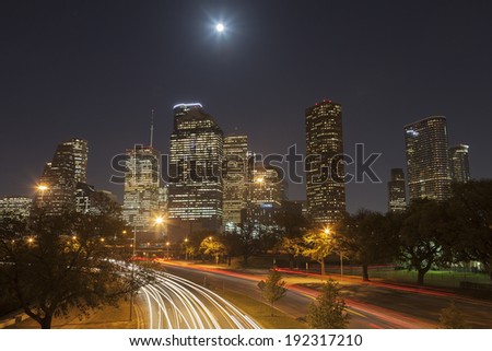 Houston Skyline at Night with Moving Traffic, Texas, USA