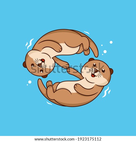 Cute cartoon otter couple holding hands. Kawaii little otters in love, vector clip art illustration