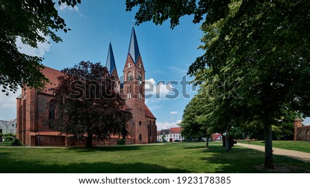 Early Gothic abbey "St. Trinitatis" ("St. Trinity"), iconic monument of the city of Neuruppin - panorama from 5 pictures
