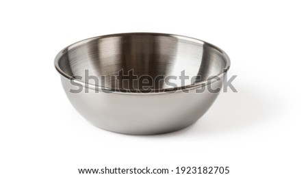Front view of chinese style metal sauce bowl isolated on white background. Empty dishes for food design. Modern stainless steel tableware of stylish minimalistic design. Close-up.