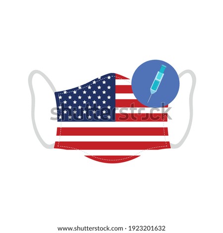 Face mask with USA flag and vaccine icon. Vector 