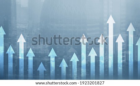 Double exposure Arrows Up Modern City Concept 2021 Royalty-Free Stock Photo #1923201827