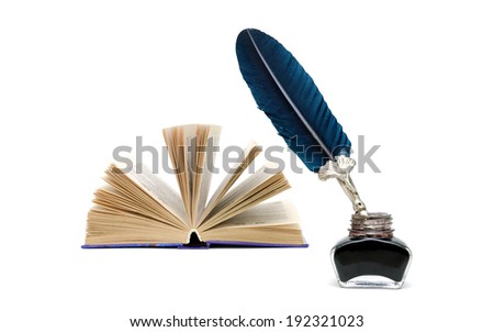 pen, inkwell, open book isolated on a white background. horizontal photo.