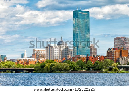 Boston skyline and historic Back Bay neighborhood viewed from the Charles River. Copy space for text.