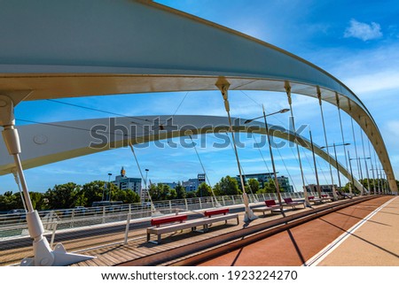 A very wide angle view of the suspension Bridge in Lyon, France Royalty-Free Stock Photo #1923224270