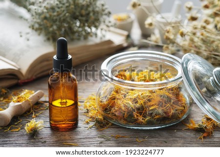 Dropper bottle of calendula infusion or oil, jar of dried marigold flowers, old recipes book and chamomile bunch on background. Alternative medicine.