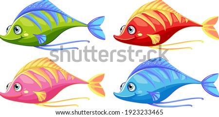 Set of many funny fishes cartoon character isolated on white background illustration