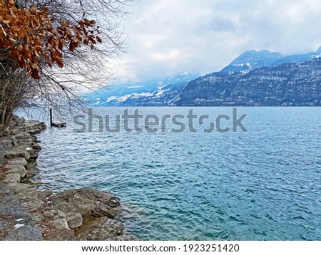 Natural lake baths and beaches along the shores of subalpine Lake Walen or Lake Walenstadt (Walensee), Weesen - Canton of St. Gallen, Switzerland (Kanton St. Gallen, Schweiz)