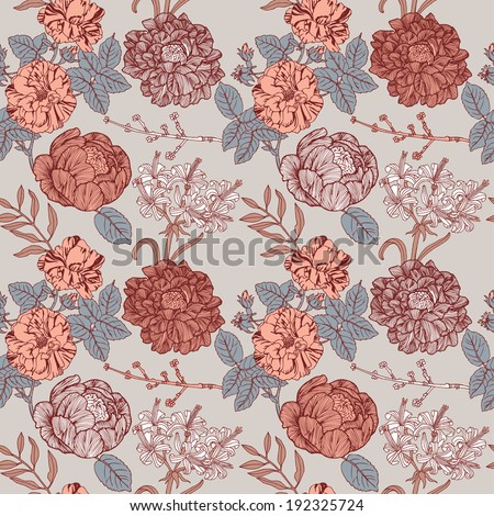 Beautiful seamless floral pattern, flower vector illustration. Elegance wallpaper with of red roses on floral background.