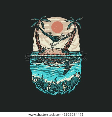 Skeleton and turtle summer beach t shirt graphic design, hand drawn line style with digital color, vector illustration