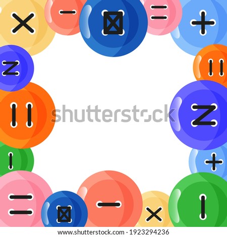 Cute frame template with round colorful buttons of different shapes with stitches and copy space. White background. Flat style illustration.