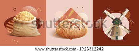 Realistic bread design concept with square compositions of wheat sacks mill and loafs of circle bread vector illustration Royalty-Free Stock Photo #1923312242