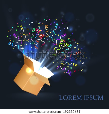 Open Box With fireworks from confetti. Vector