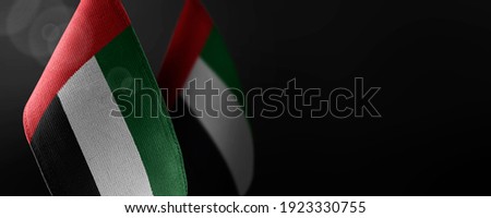 Small national flags of the United Arab Emirates on a dark background