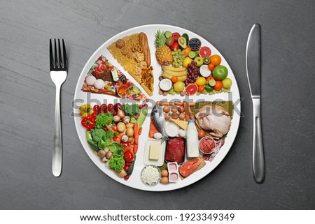 Cutlery near plate with different products on grey table, flat lay. Balanced food
