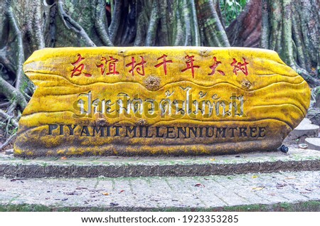Sign name in Thai Chinese and English of Piyamit Millennium Tree landmark at Betong, Yala, south of Thailand