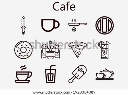 Premium set of cafe [S] icons. Simple cafe icon pack. Stroke vector illustration on a white background. Modern outline style icons collection of Coffee pot, Donut, Pizza, Knife, Lemonade, Fried