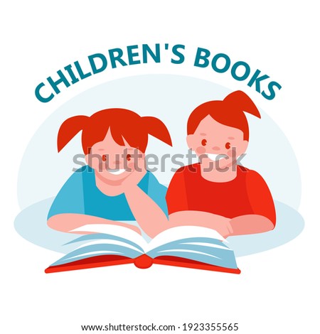 Two little girls are reading a book on the floor. Vector illustration in flat style. Isolated on a white background.