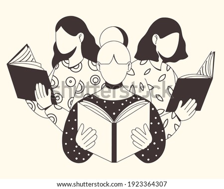 Young smart women reading books. Book lovers, fans of literature. Concept of Book Week or World Book Day. Flat vector illustration isolated on white background.