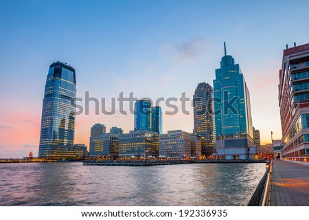 View from Hudson River Waterfront Walkway in Jersey City. Royalty-Free Stock Photo #192336935