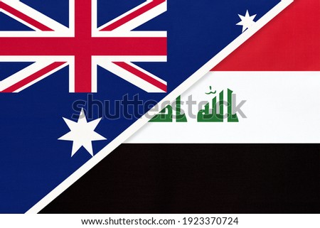 Australia and Iraq, national flags from textile. Relationship, partnership and match between two countries.