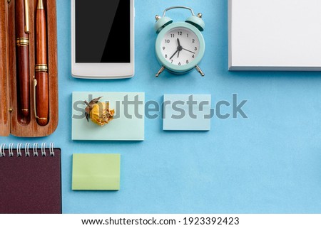 Top view of an office desk with stationery. Mock up