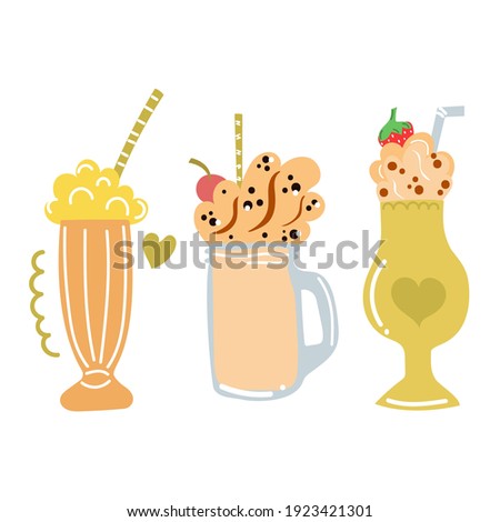 Hand drawn set of milkshakes. Summer time, sweet drink, cute cocktails concept. Modern flat illustration.
