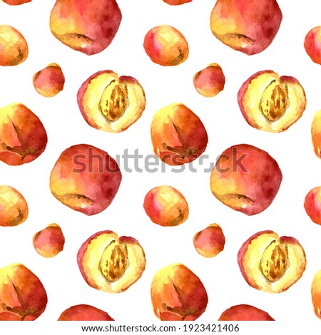 Watercolor seamless texture of peaches or apricots. Hand painted bright summer pattern of fresh organic fruits elements isolated on white. Cute pastel illustration for decor, scrapbooking, wallpaper.