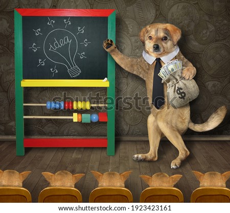 A beige dog coach in a black tie is standing near the blackboard on which a dollar light bulb is drawn.