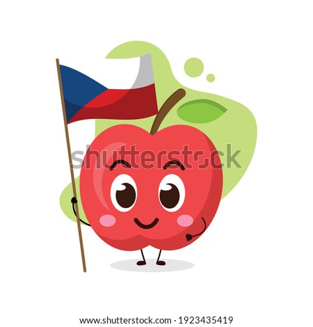 cute apple hold the flag of Czech Republic. illustration for business, t shirt, sticker, card or poster design.kawaii cartoon illustration.funny healthy food illustration.