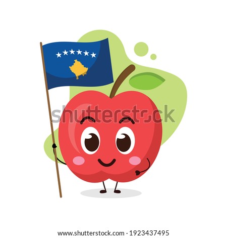 cute apple hold the flag of Kosovo.illustration for business, t shirt, sticker, card or poster design.kawaii cartoon illustration.funny healthy food illustration.