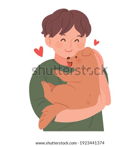 A young boy holding a puppy and making a happy expression. Pets and owners vector illustrations.