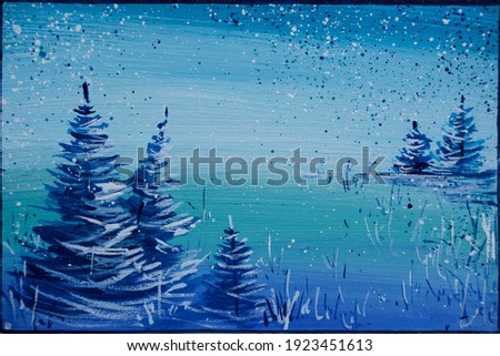 Painting winter forest in snow, fir trees
