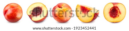 Fresh peach. Peach collection isolated. Peach isolated on white. Full depth of field Royalty-Free Stock Photo #1923452441
