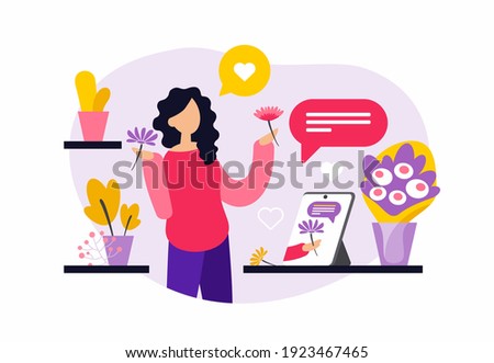 Young female character is learning floristry through online courses. Woman watching floristry training video on tablet and learning to make bouquets of flowers. Flat vector illustration Royalty-Free Stock Photo #1923467465