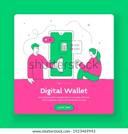 Digital wallet square banner template suitable for posting on a social network. Man and woman transferring money and counting finances while using modern smartphone. Flat style illustration