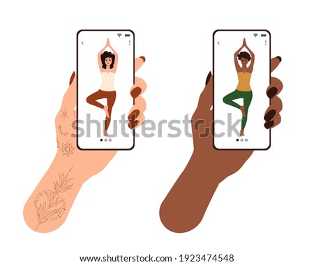 Yoga online on the phone. Girl in tattoo and african american woman using a smartphone to have yoga lesson.  Phone screen with asana. Flat vector illustration